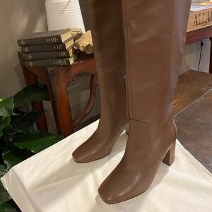 COLE HAAN Chrystie Square Brown Tall Block Heel Leather Boots Sz 5 NEW $300